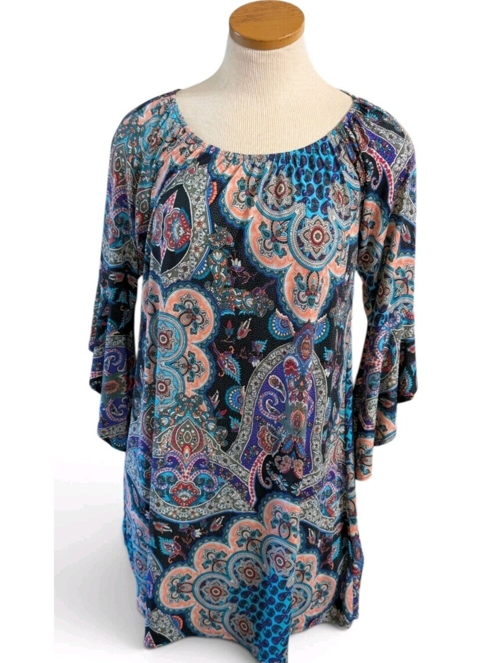 Dear Scarlett Womens Small Paisley Tunic Top Blue Coral 3/4 Bell Sleeve Stretch
